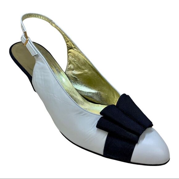 Saks Fifth Avenue Fenton Last Slingback White Leather Black Bow 8 Vintage - Picture 3 of 12